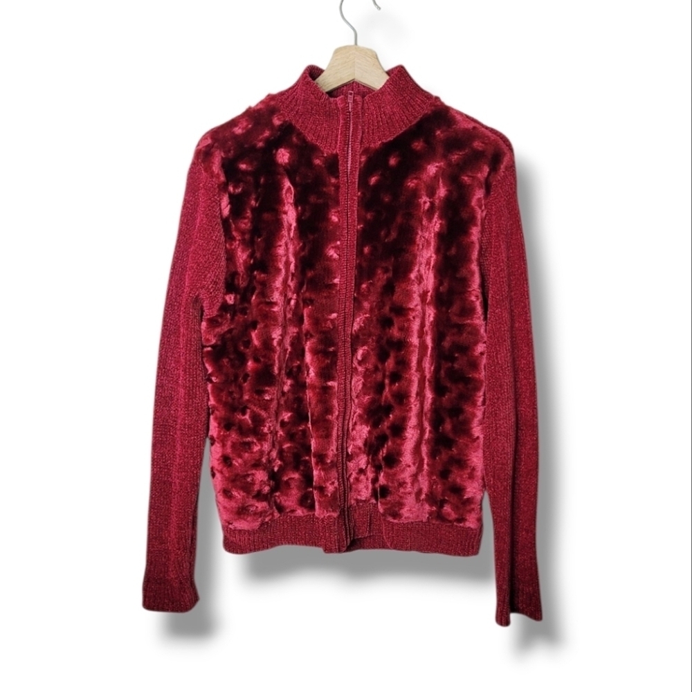 Lisa International Vintage Faux Fur Red Cardigan Full Zip Size M